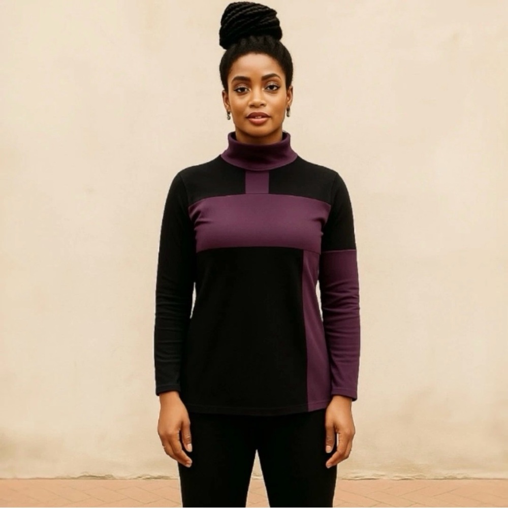 Anatomie Women’s L Long Sleeve Turtleneck Stretch Top Black Purple Blouse Shirt